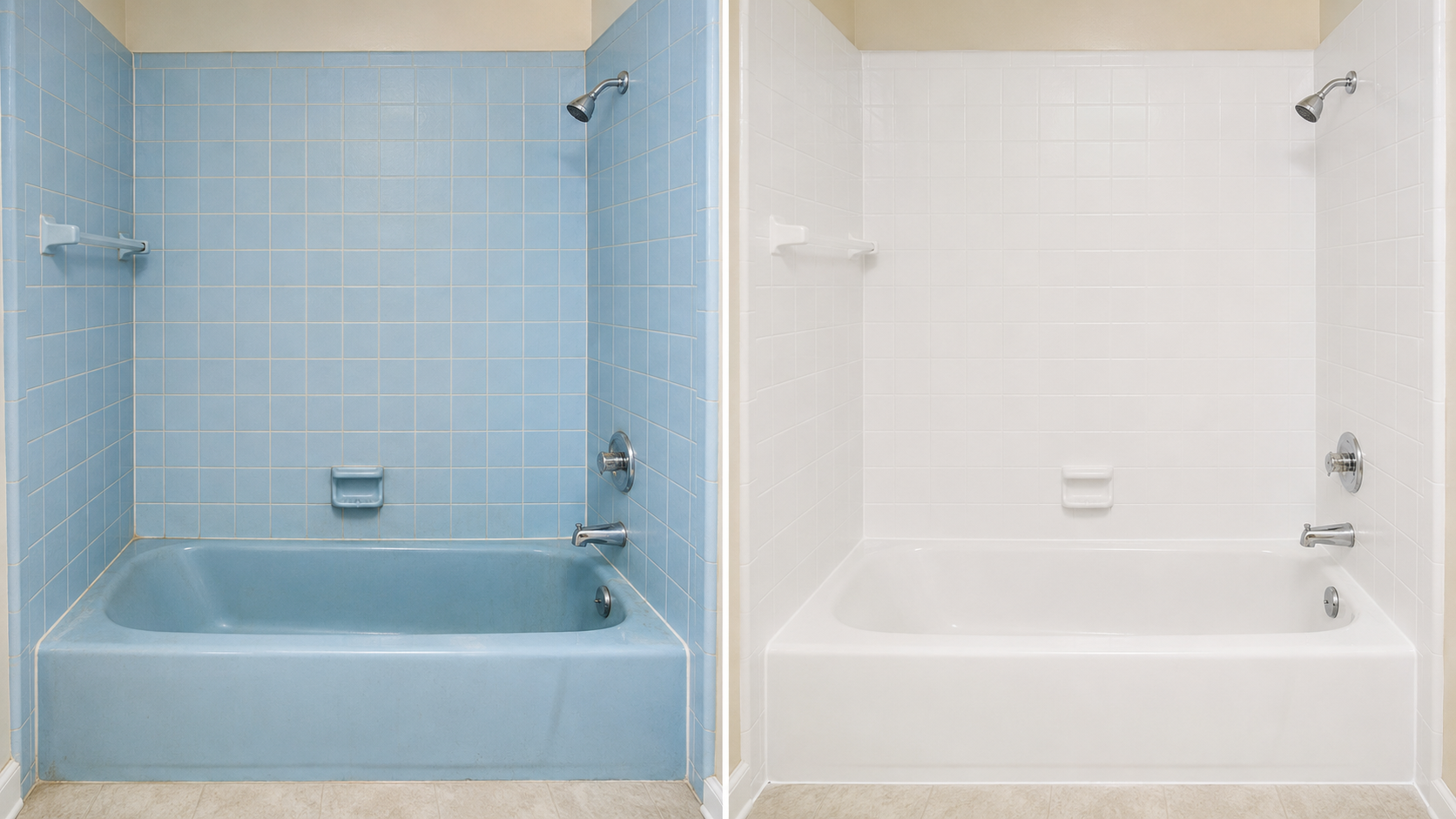 Older blue bathtub and tiled walls beside the same bathroom resurfaced in glossy white