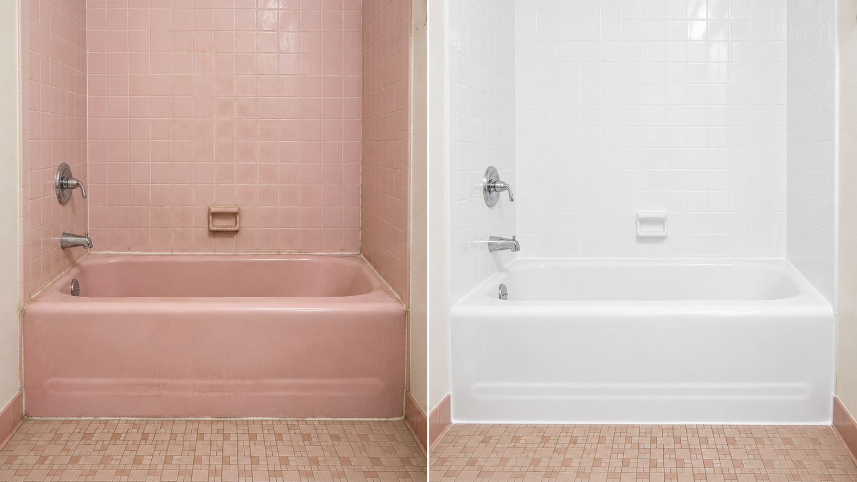 Older pink bathtub and tiled walls beside the same bathroom resurfaced in glossy white